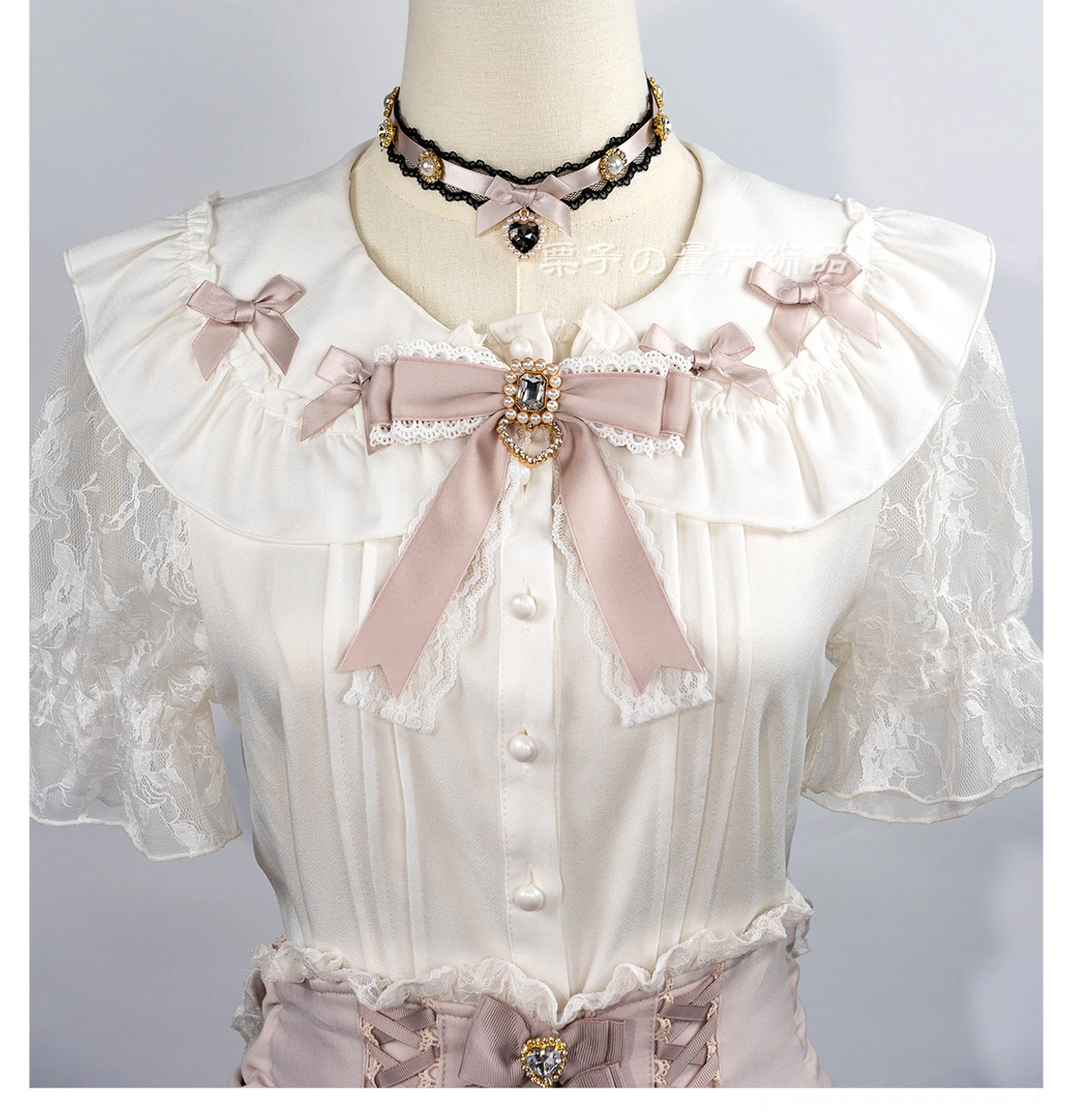Jirai Kei fashion choker necklace with handmade construction featuring lace trim satin bow and crystal rhinestones