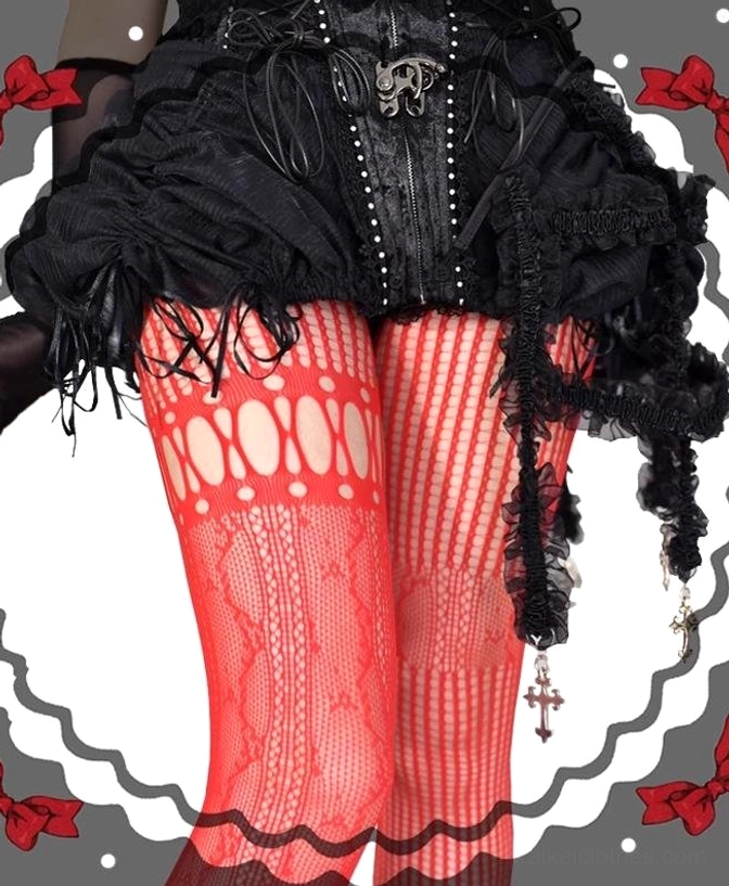 Asymmetric gothic lolita fishnet pantyhose collection all color variants black red white violet displayed together showcase
