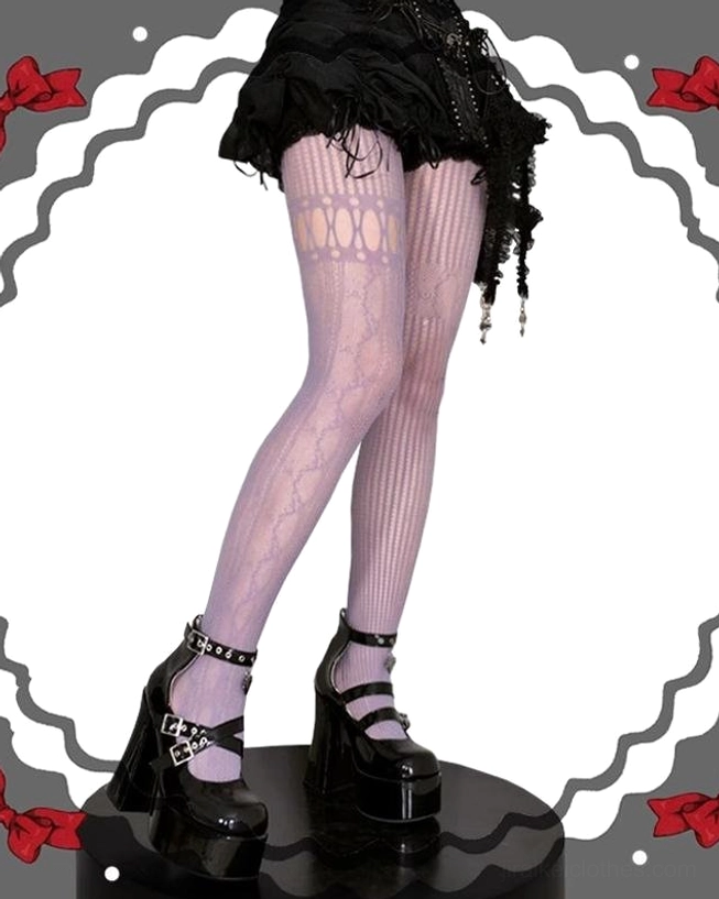 Asymmetric gothic lolita fishnet pantyhose detail shot showing intricate hollow mesh pattern fine lace construction close-up