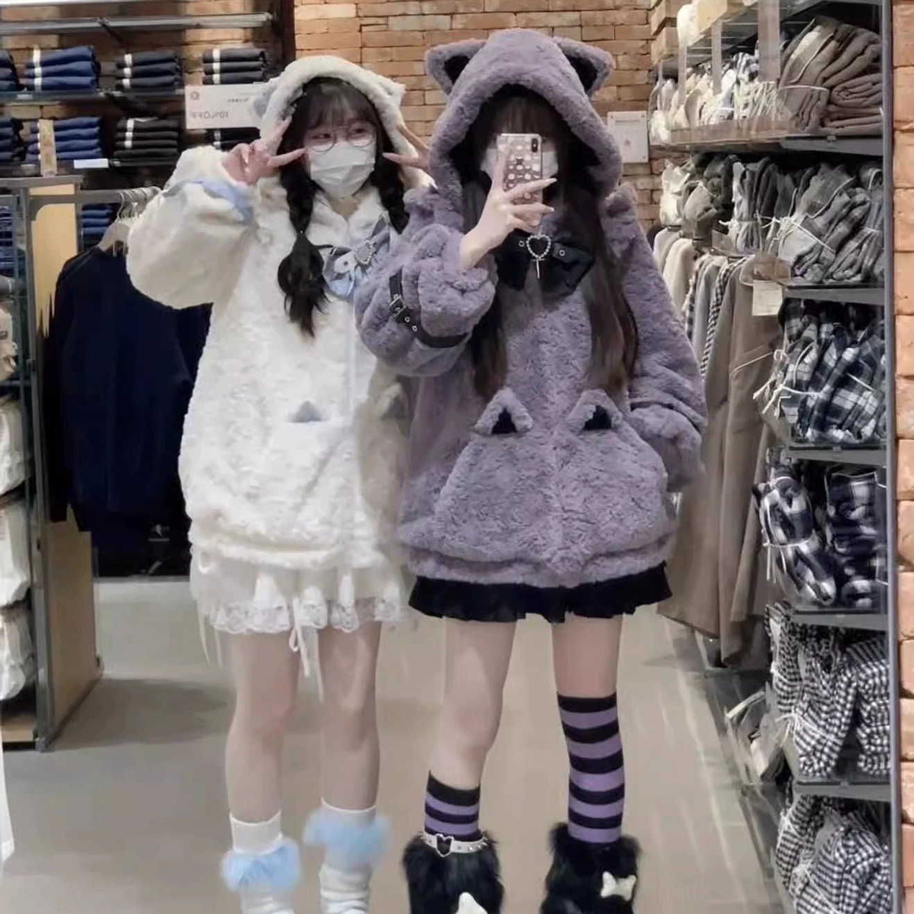 Jirai Kei fleece coat layering styling example, coat worn over graphic tee or dress, showing compatibility with Jirai Kei aesthetic wardrobe pieces