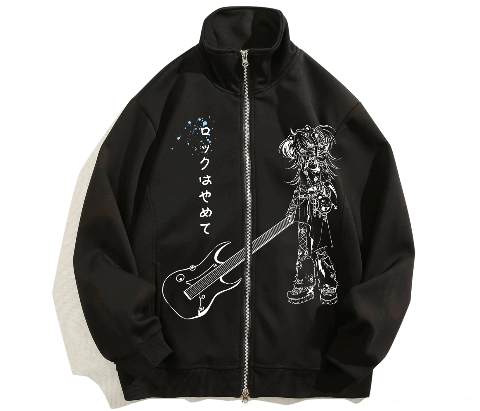 Jirai Kei fleece-lined oversized zip hoodie with blue polka dot collar anime graphic close-up showing plush interior lining