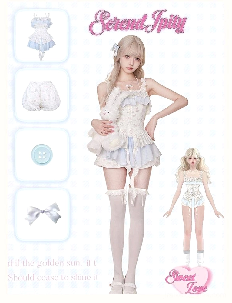 Sweet lolita floral dress set modeled on blonde with size reference preview panels and plush rabbit prop checkered backdrop