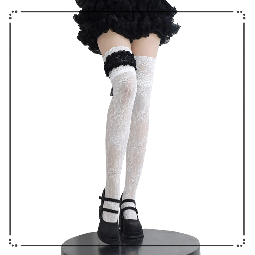 Jirai Kei lace stockings texture and garter detail showcase, demonstrating delicate floral pattern and ruffled bow construction