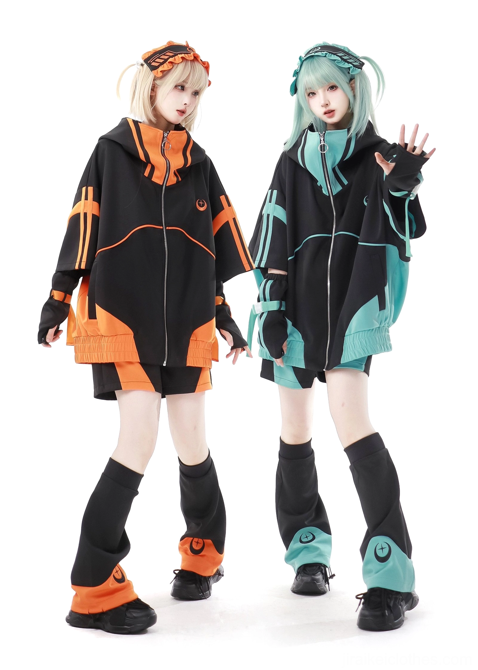 Black-orange Jirai Kei jacket set full-body flat lay showing jacket shorts leg warmers headband and arm sleeves complete outfit composition