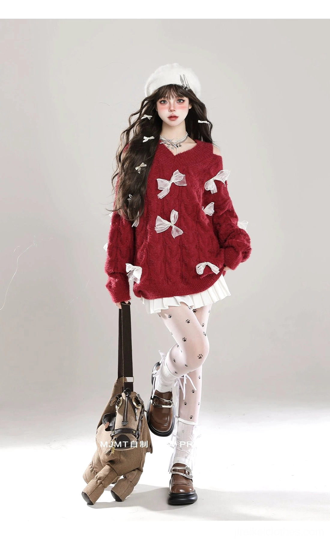 Jirai Kei fuzzy bow sweater color swatch comparison showing available cold-shoulder options with white ribbon bow details across different hues