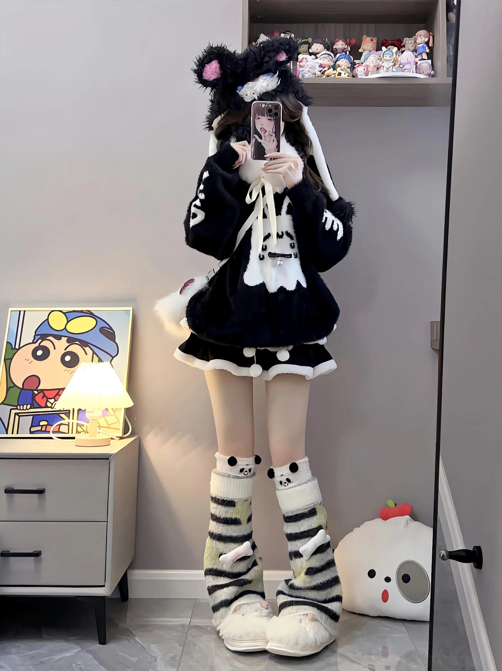 Jirai Kei couple sweater styling guide showing multiple accessory combinations with detachable bell bow and tail elements