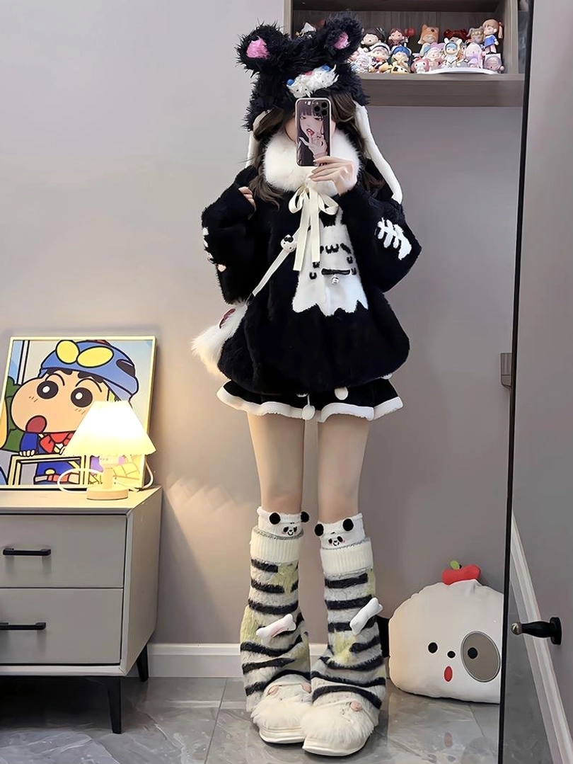 Ghost cat print Jirai Kei fuzzy sweater dress styling with black cat ear headband on female model, full-body mirror reflection bedroom background standard setup