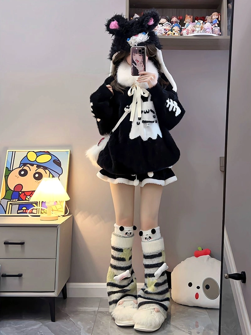 Jirai Kei ghost cat sweater dress with crossbody plush bag accessory, female model with cat ear headband front view, full-body mirror selfie fuzzy fabric showcase