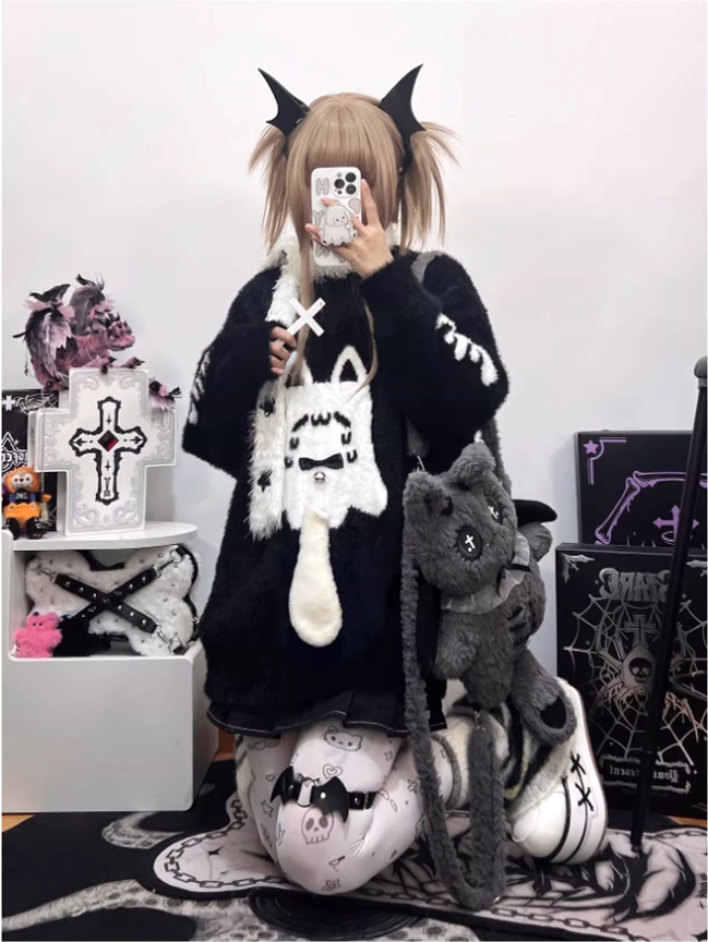 Bell bow detachable accessory for Jirai Kei ghost cat sweater adding playful kawaii contrast to gothic aesthetic