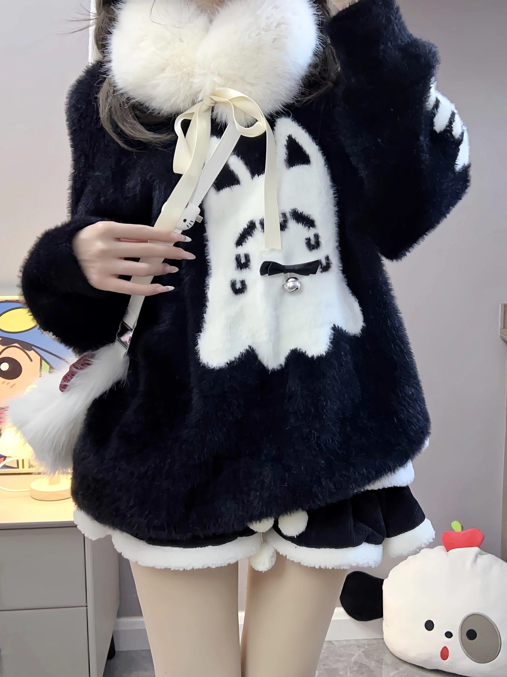 Everyday Jirai Kei ghost cat sweater styling layered with black skirt and mesh top creating dimensional rebellious look