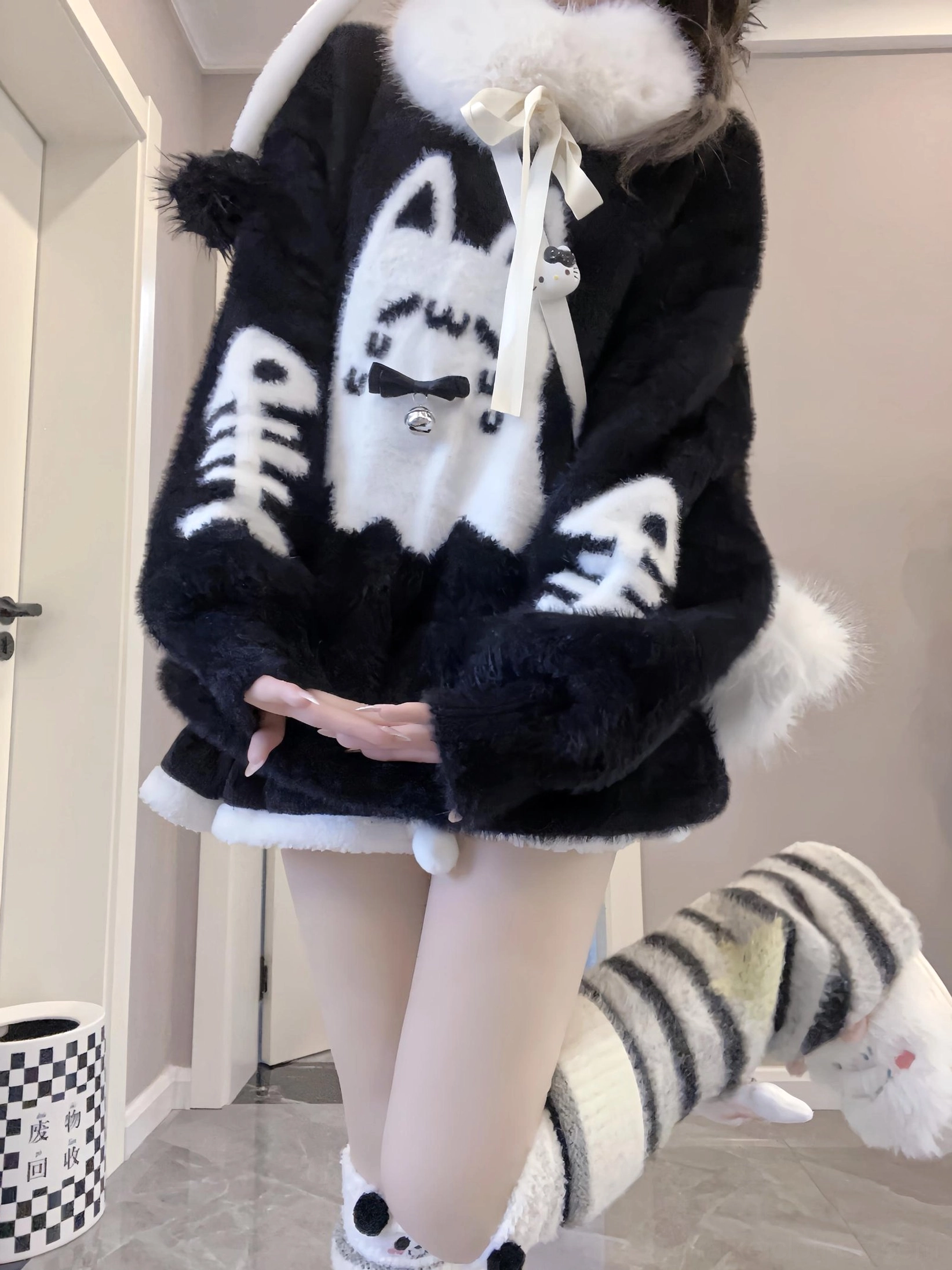 Festival ready Jirai Kei ghost cat couple sweater styling with bold makeup and oversized accessories alternative fashion event