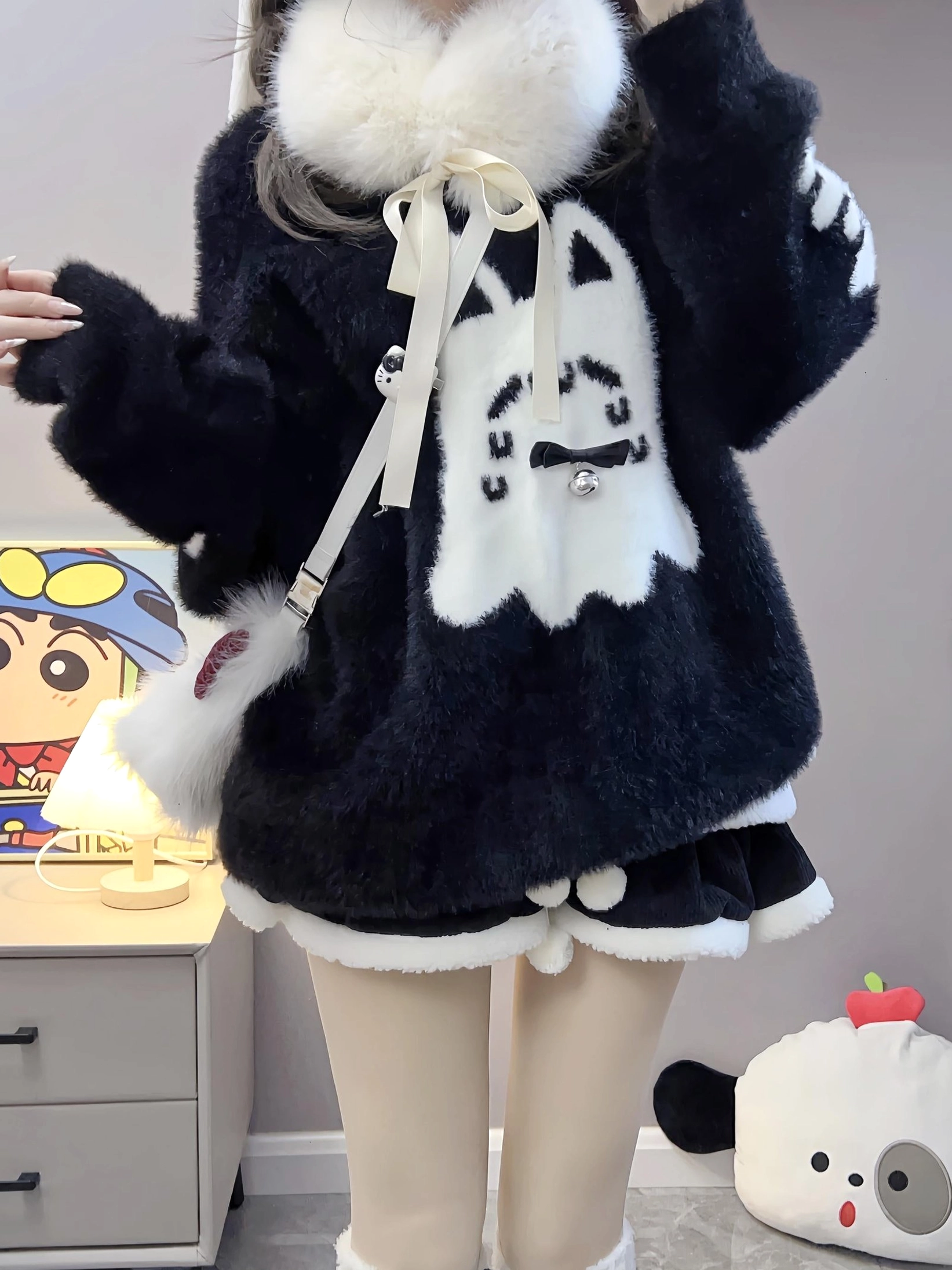 Jirai Kei ghost cat sweater oversized couple fit on male model showing loose silhouette and unisex styling appeal