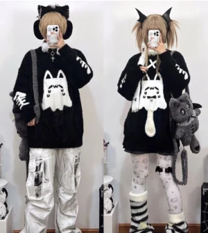 Jirai Kei ghost cat sweater worn with white printed tights alternative styling, full-body front mirror reflection with couple models, black mink fabric with chest print