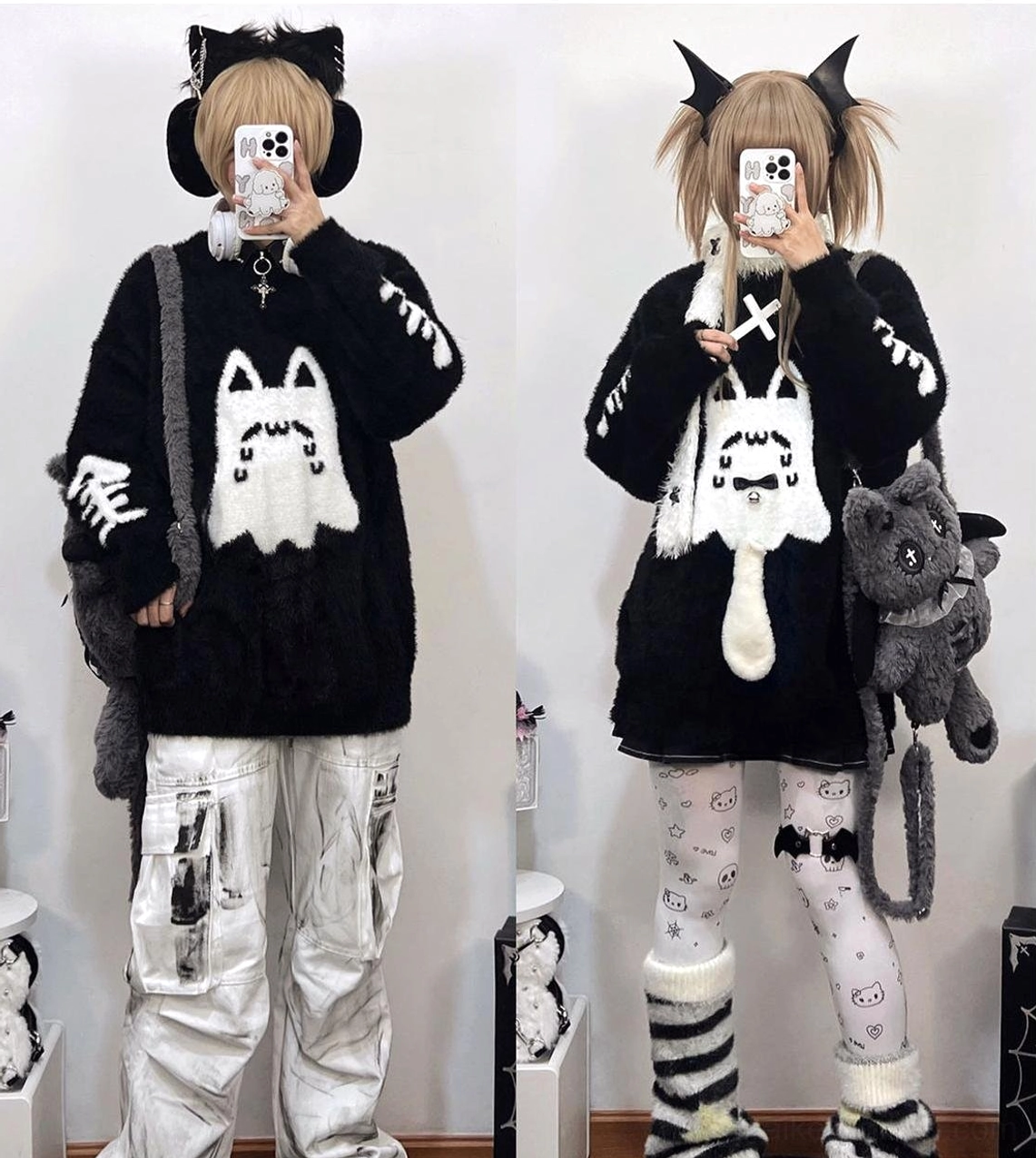 Jirai Kei ghost cat sweater worn with white printed tights alternative styling, full-body front mirror reflection with couple models, black mink fabric with chest print