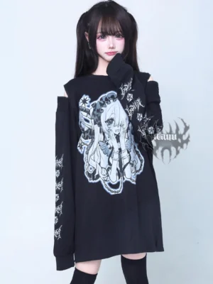 Black yandere anime gothic cold-shoulder long-sleeve tee with blue-white chest print and decorative sleeve graphics front view
