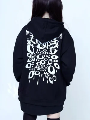 Jirai kei dark aesthetic hooded coat featuring large white eye print on back panel oversized fit back view