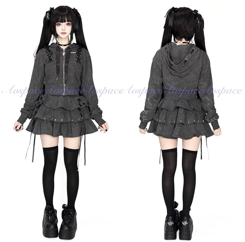 Jirai Kei gothic subculture hoodie with metal zipper and studded skirt detail shots highlighting craftsmanship and quality