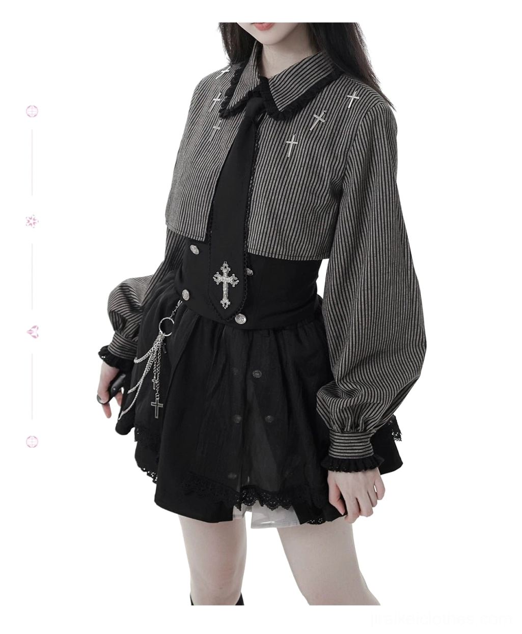 Gothic Jirai Kei lace blouse close-up detail showing ruffled collar cuffs and black lace craftsmanship
