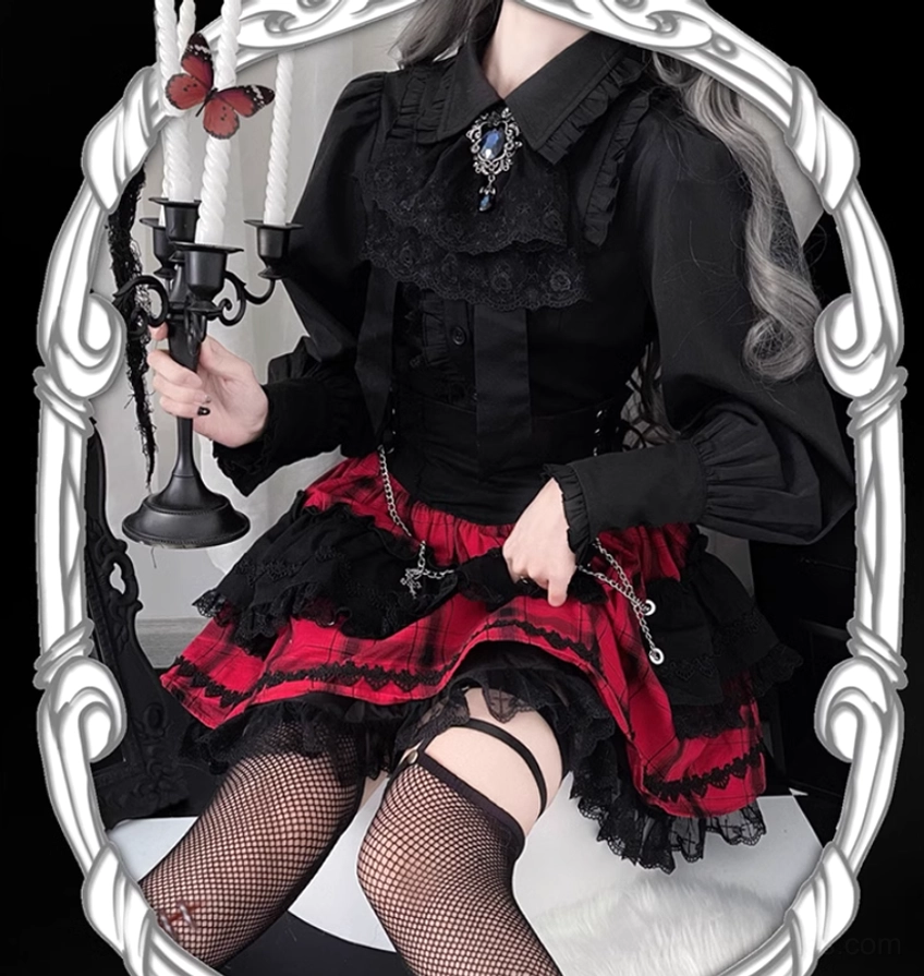 Jirai Kei Gothic Lolita seated ornate mirror frame thigh garter layered plaid ruffled skirt