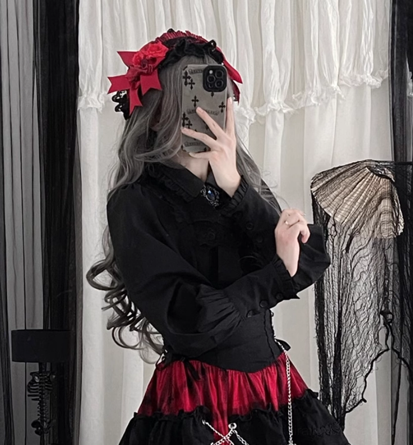 Jirai Kei Gothic Lolita ensemble with red bow hair accessory gem brooch black blouse front