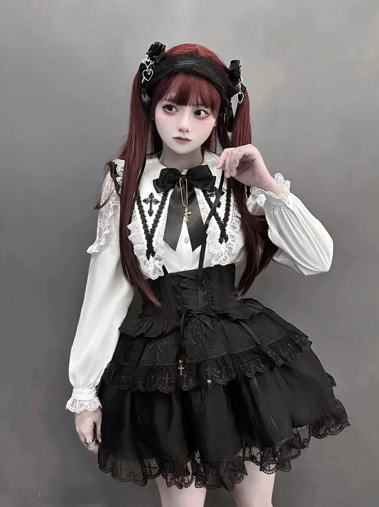 Jirai Kei Gothic Lolita two-piece set medium front view twin-tail model gray backdrop bow neck cross pendant ruffled cuffs