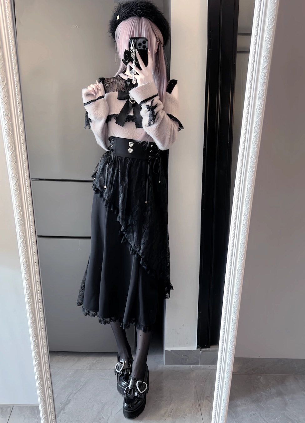 Gothic off-shoulder knit outfit set with asymmetric black lace skirt platform loafers side full-length mirror selfie Jirai Kei dark aesthetic