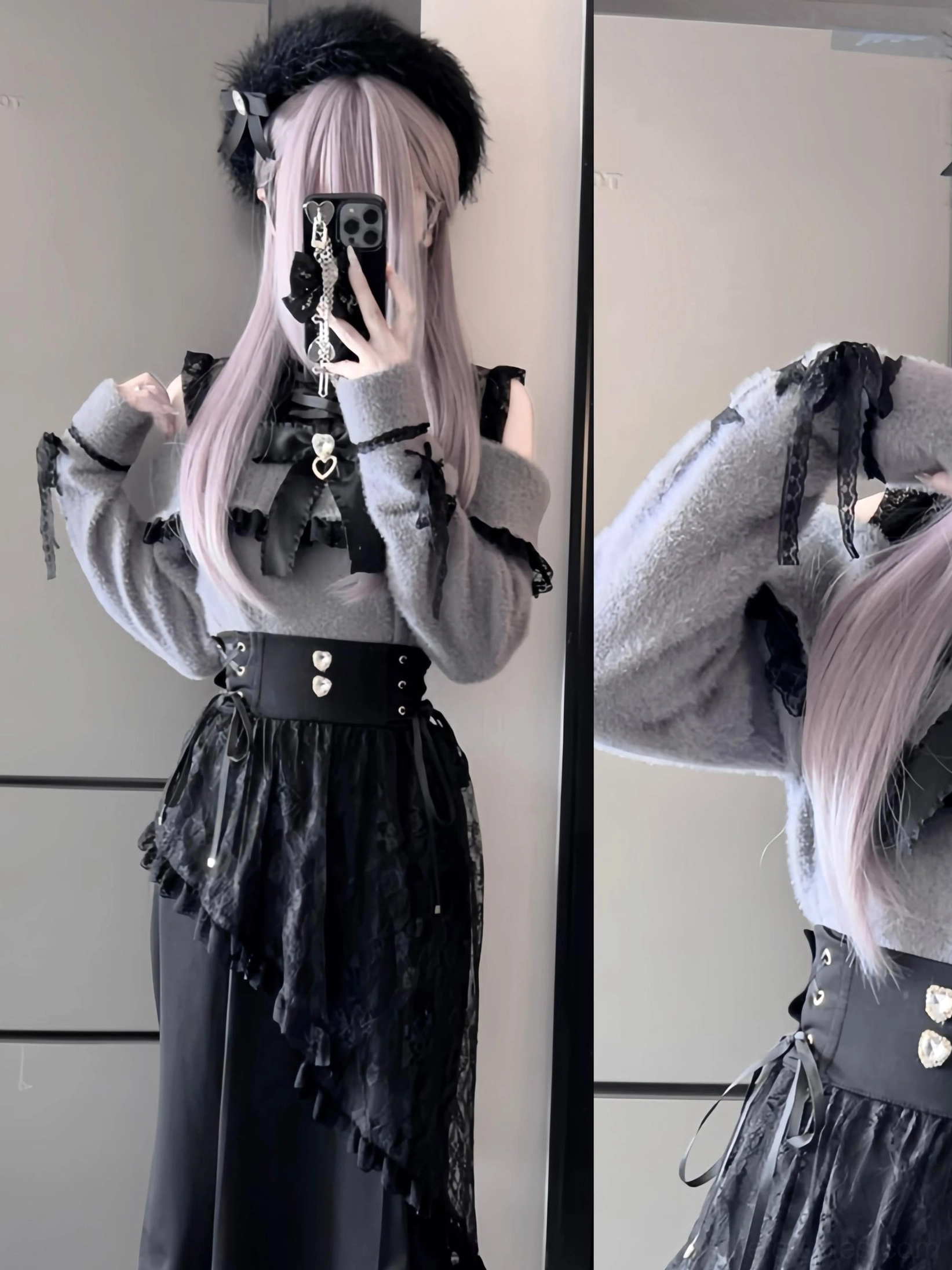 Jirai Kei gothic off-shoulder knit outfit set split mirror shot with female model wearing grey knit top black lace skirt gothic lolita style