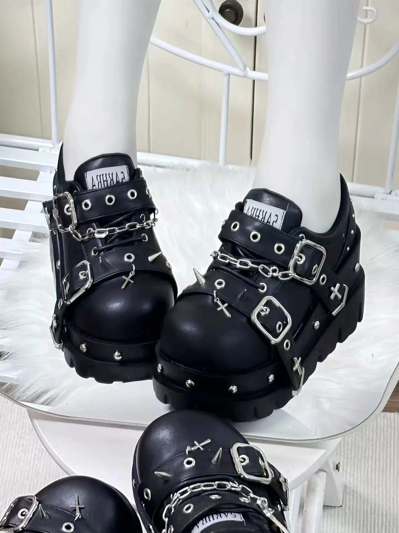 gothic jirai kei platform shoes silver straps chains studs side three-quarter view white stockings chunky sole