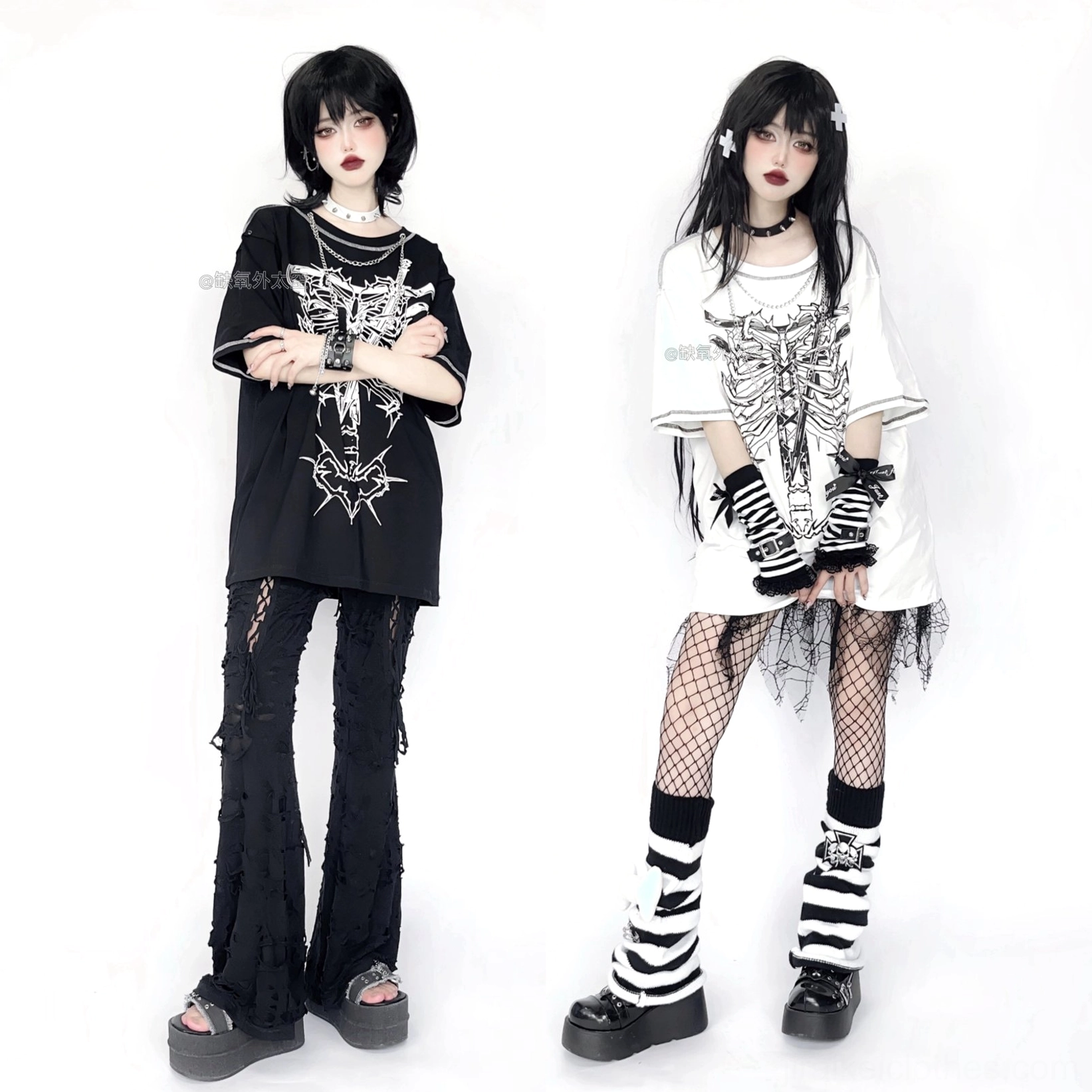 Two female models wearing black and white jirai kei gothic T-shirts with matching thorn ribcage dagger print studio background