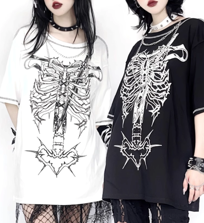 Two female models wearing black and white jirai kei gothic punk T-shirts close-up full body studio shot matching designs