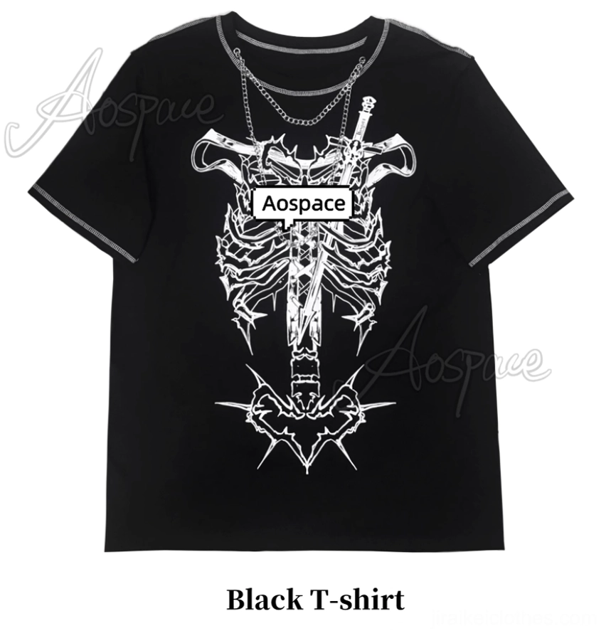 Flat lay black jirai kei gothic T-shirt showing ribcage dagger print contrast sleeve stitching branded details