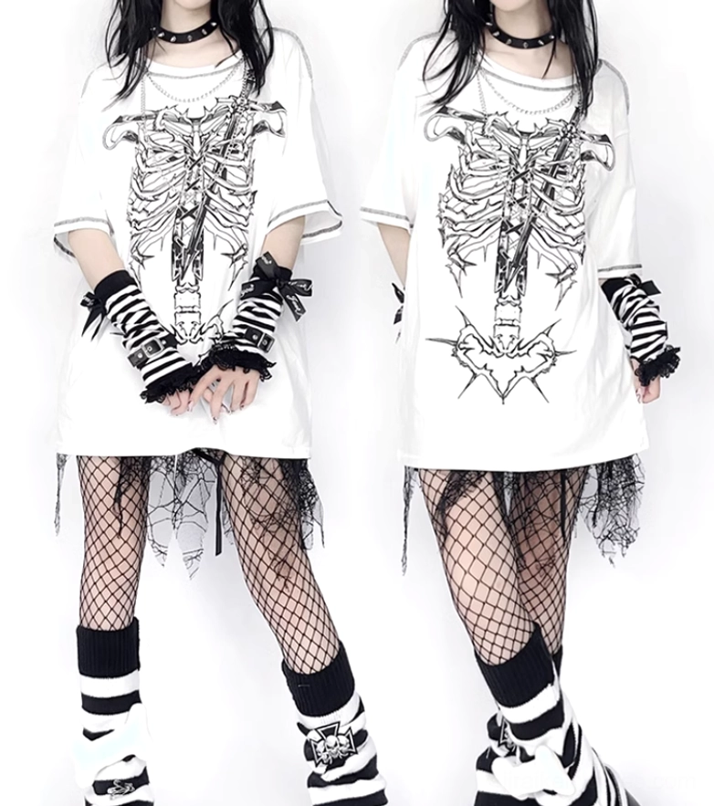 Black oversized jirai kei gothic punk T-shirt ribcage dagger print detail close-up texture and print quality