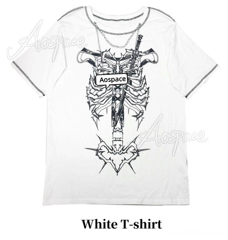 White jirai kei gothic ribcage dagger T-shirt oversized fit flat lay showing print and fabric quality