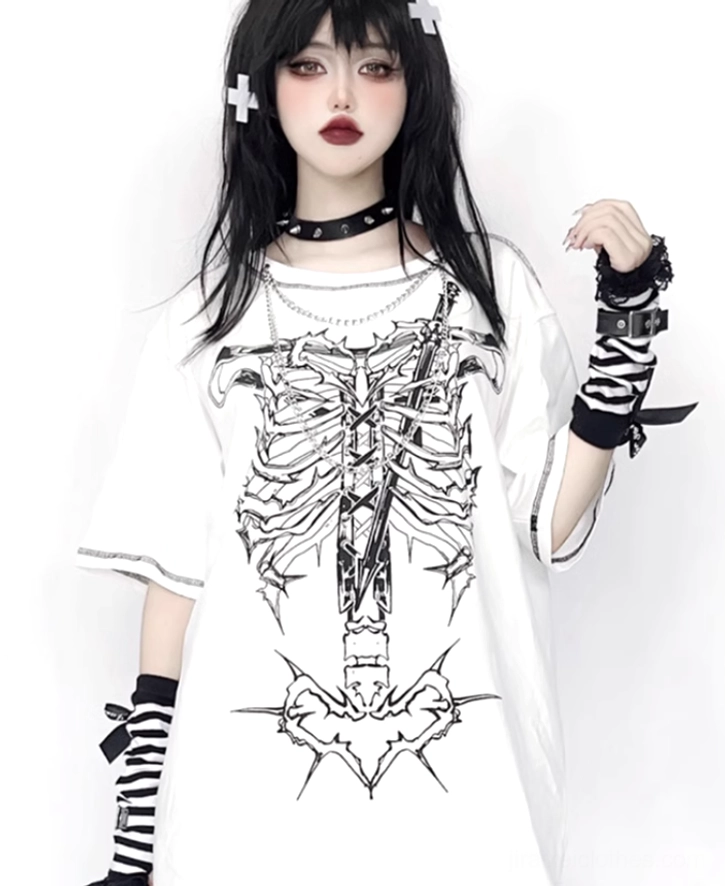 White oversized jirai kei gothic punk ribcage dagger T-shirt with chain collar front view on female model studio shot