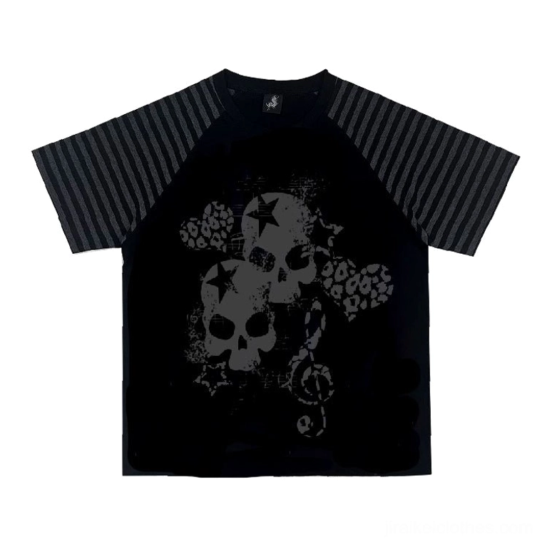 Black jirai kei gothic skull leopard heart raglan t-shirt size variation fit guide small medium large xlarge