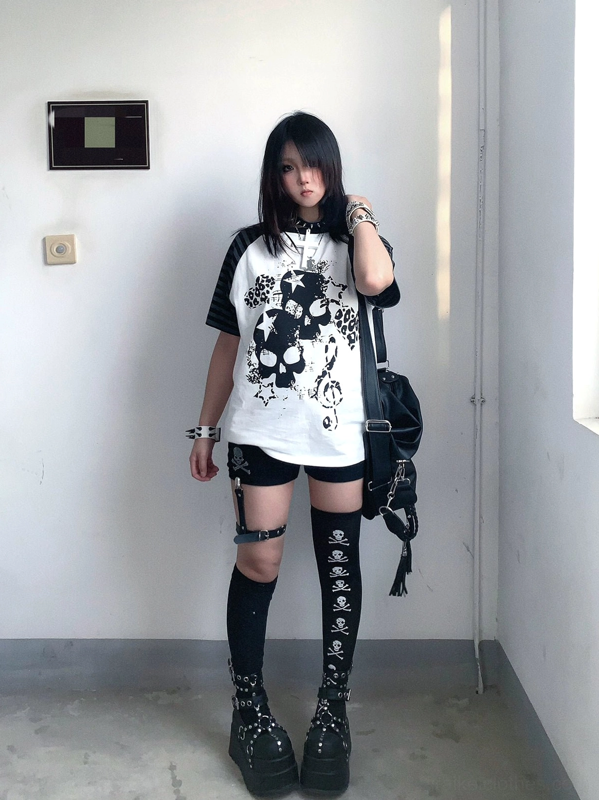 Full body jirai kei gothic skull print white t-shirt paired with thigh highs platform boots goth outfit coordination
