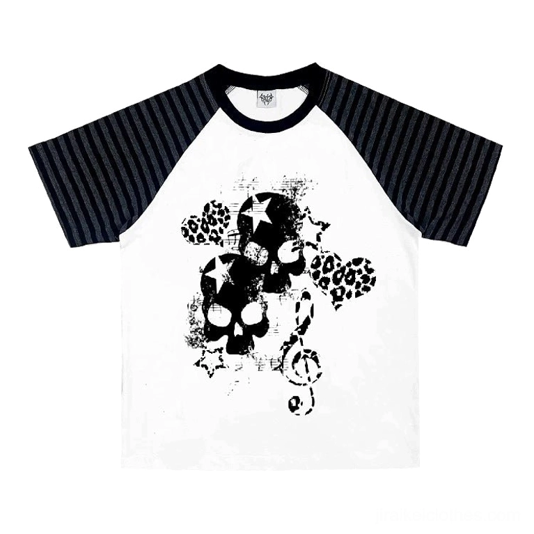 White jirai kei gothic skull leopard heart raglan t-shirt size variation fit guide all sizes
