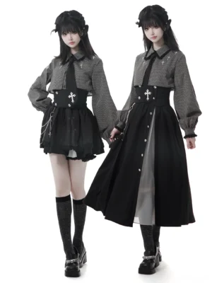 Jirai Kei gothic striped blouse and layered skirt two-piece set dual model full-body front view showcasing both short and long skirt options with cross waist accessories
