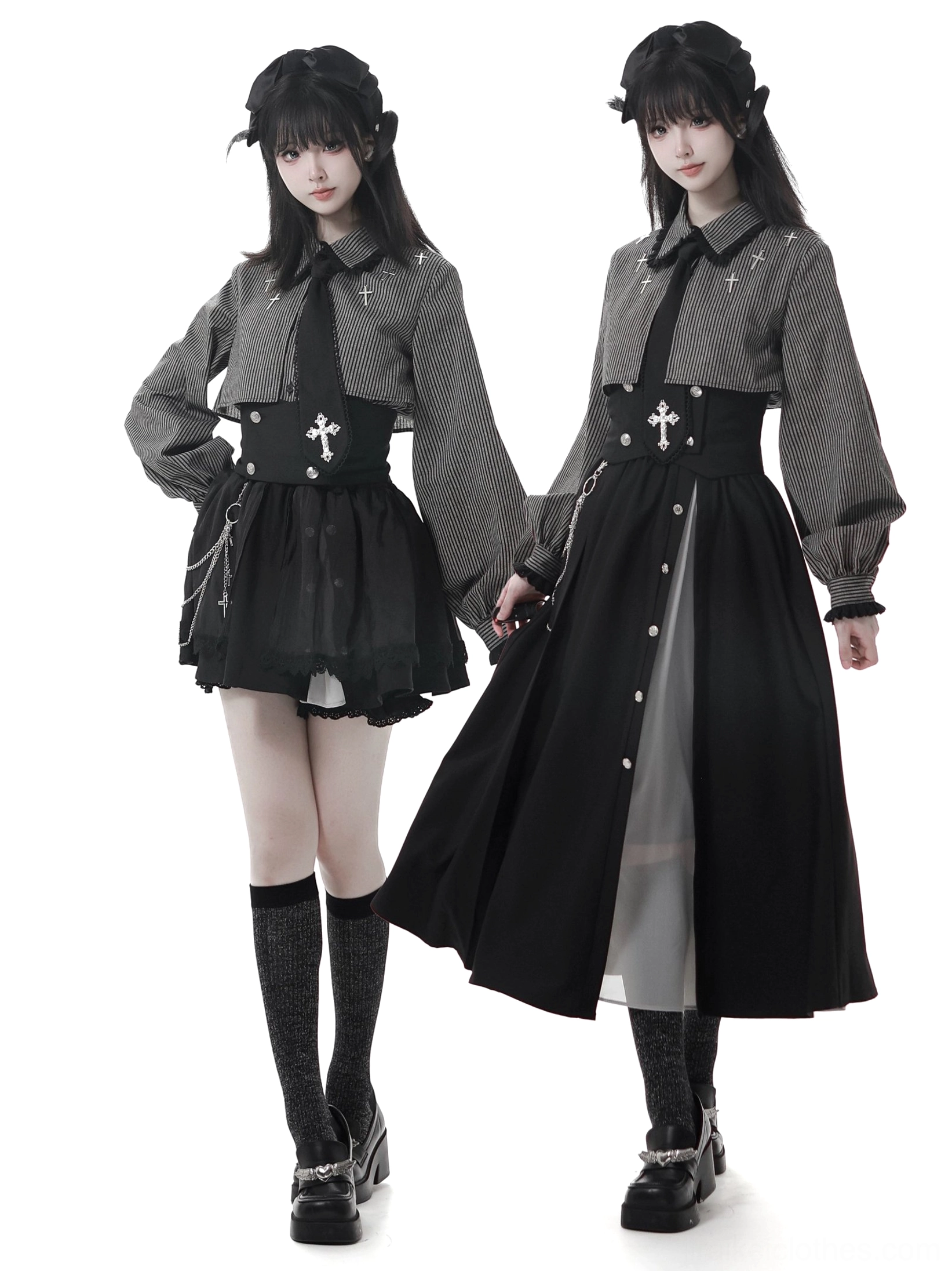 Jirai Kei gothic striped blouse and layered skirt two-piece set dual model full-body front view showcasing both short and long skirt options with cross waist accessories