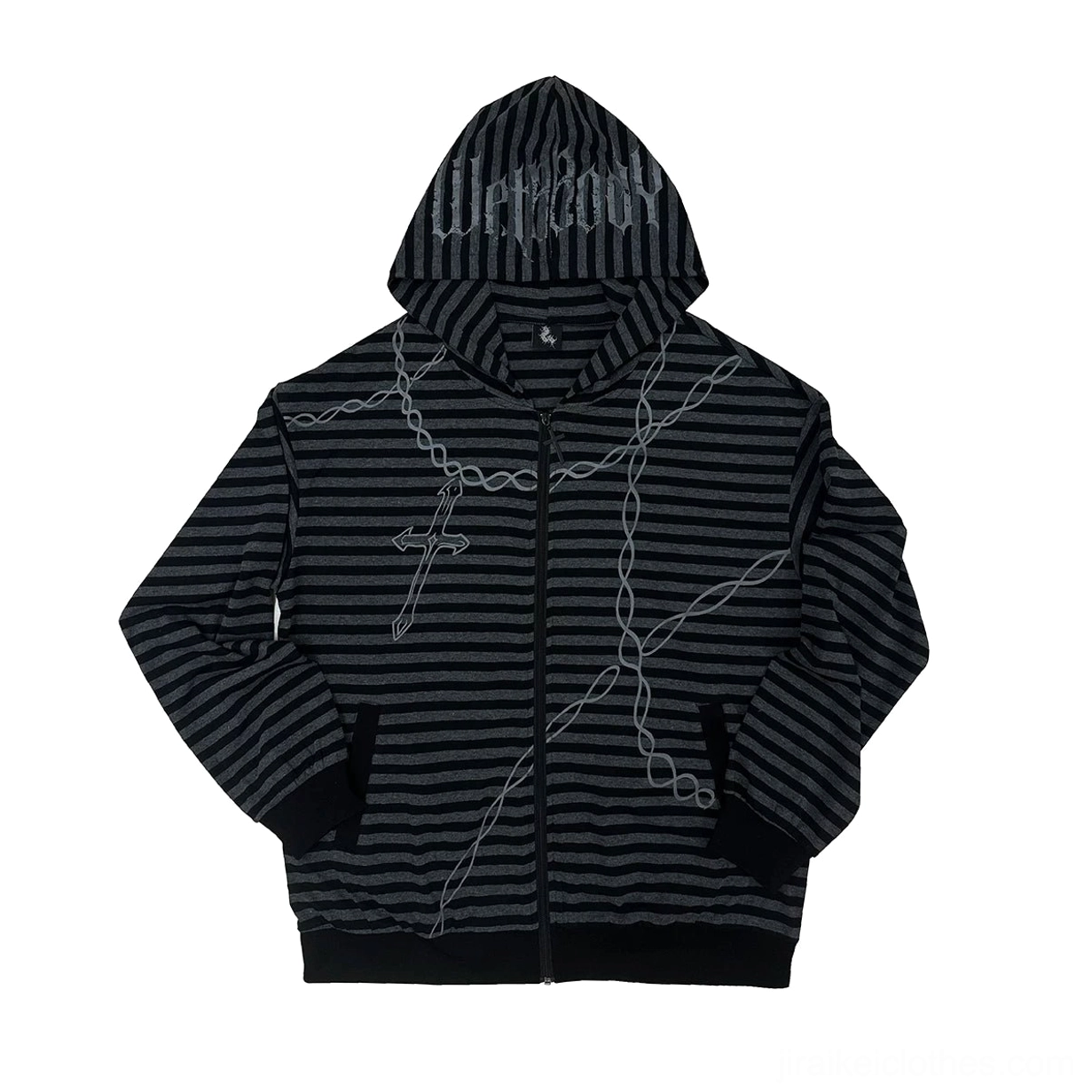 Jirai Kei gothic striped hoodie flat lay front view on solid background, showing full zip design, stripe pattern, cross and chain print details