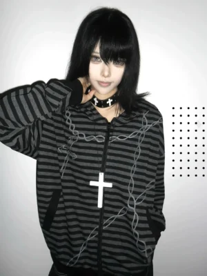 Jirai Kei gothic striped zip-up hoodie front view worn by female model with black hair and punk cross choker, featuring black-grey stripes and cross chain prints