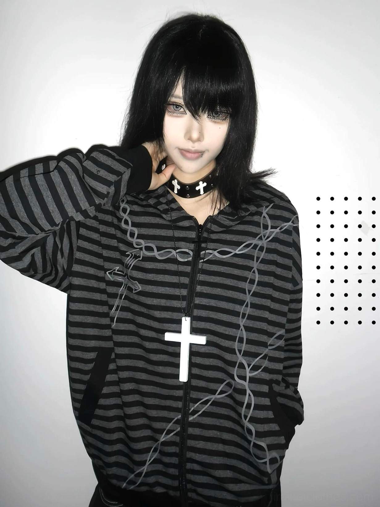 Jirai Kei gothic striped zip-up hoodie front view worn by female model with black hair and punk cross choker, featuring black-grey stripes and cross chain prints