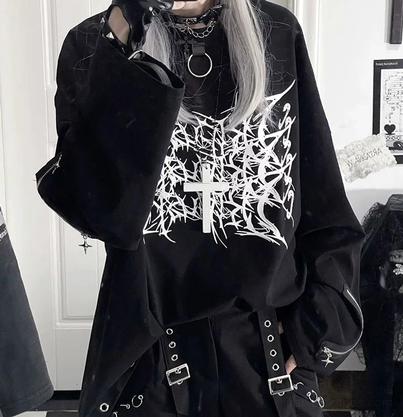 Care instructions visual guide for jirai kei gothic long-sleeve oversized tee showing proper washing, drying inside-out, and print preservation methods