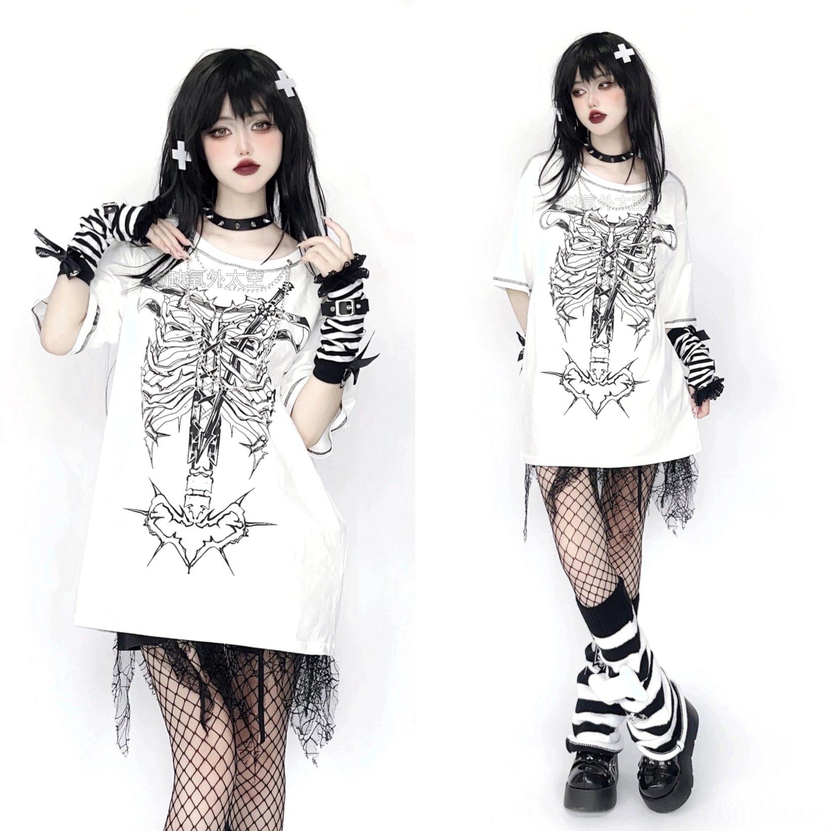 White oversized jirai kei gothic T-shirt with ribcage dagger print chain collar detail styling perspective
