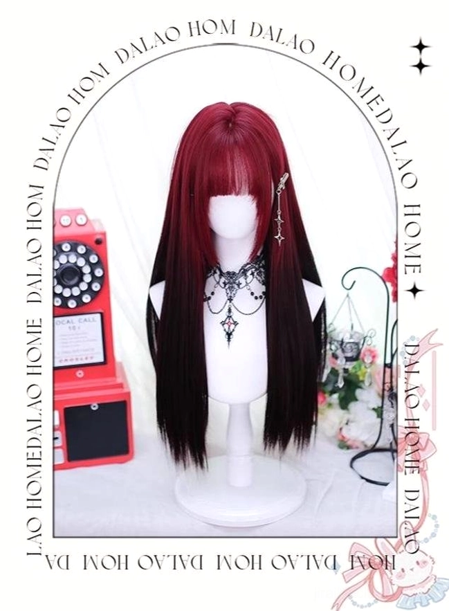 Red and black gradient long straight Jirai Kei wig with bangs in arch frame front view, displayed on mannequin with retro decor elements, featuring silver hair accessory and matte finish
