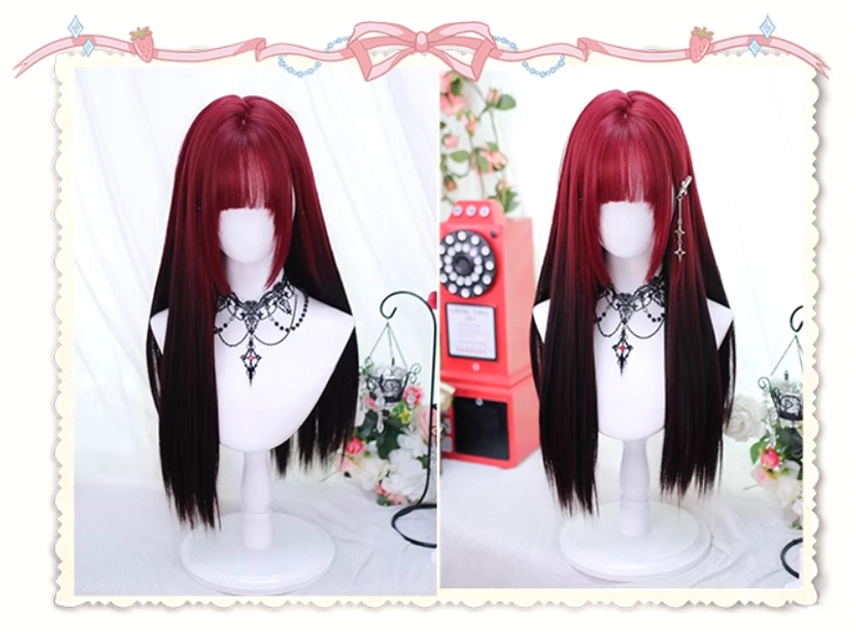 Dual angle display of red and black gradient Jirai Kei wig showing front views on two mannequins with retro decorative items, straight long hair with bangs and silver hair clips