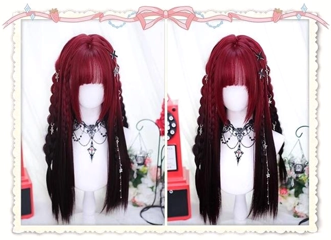 Red and black gradient Jirai Kei wig detail shot showing hair texture quality, matte fiber finish, and color transition from red to black, close-up view of synthetic hair