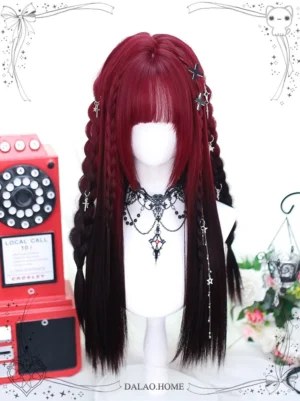 Braided red and black gradient Jirai Kei wig with half braided hairstyle, displayed on mannequin with vintage telephone and floral props, featuring multiple silver star hair accessories