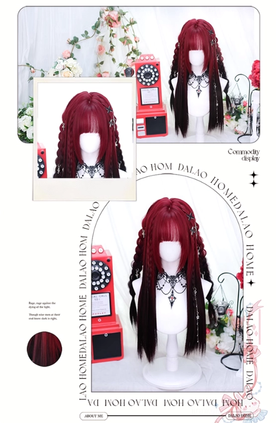 Red and black gradient Jirai Kei wig displayed with included rose hairnet protective storage accessory, showing wig care and maintenance presentation for customer reference