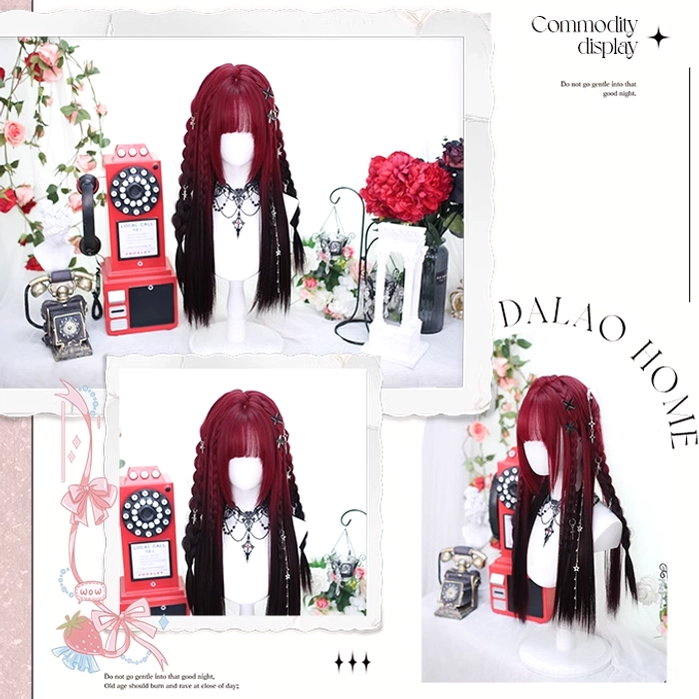 Red and black gradient Jirai Kei wig styled with various silver hair clips and star accessories, showing accessorization possibilities and coordination with decorative ornaments